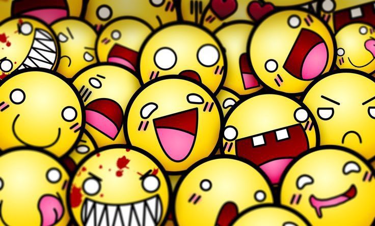 many yellow smiley faces with different expressions and mouths are shown in this cartoon style image