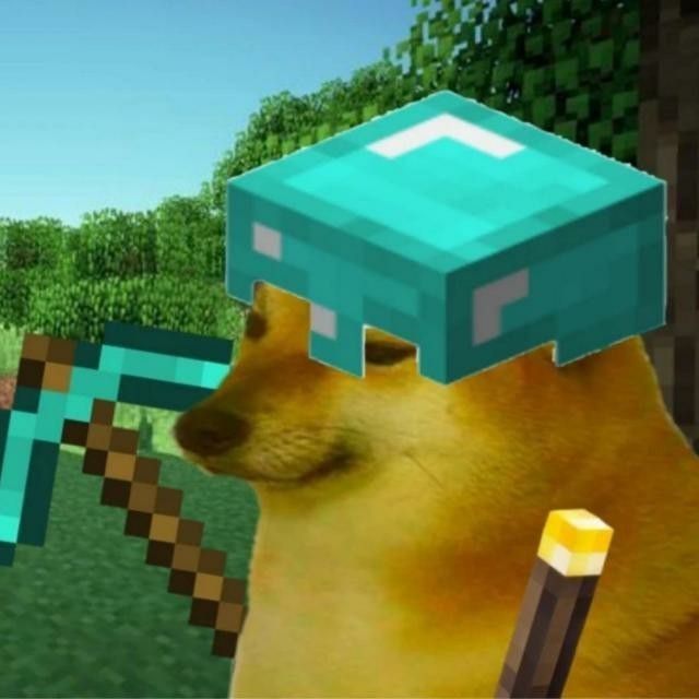 a dog with a block on its head in minecraft, looking at the camera