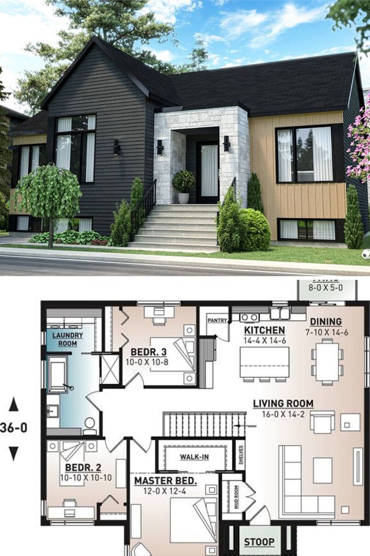 two story house plan with 2 bedroom and living room in the front, an open floor plan