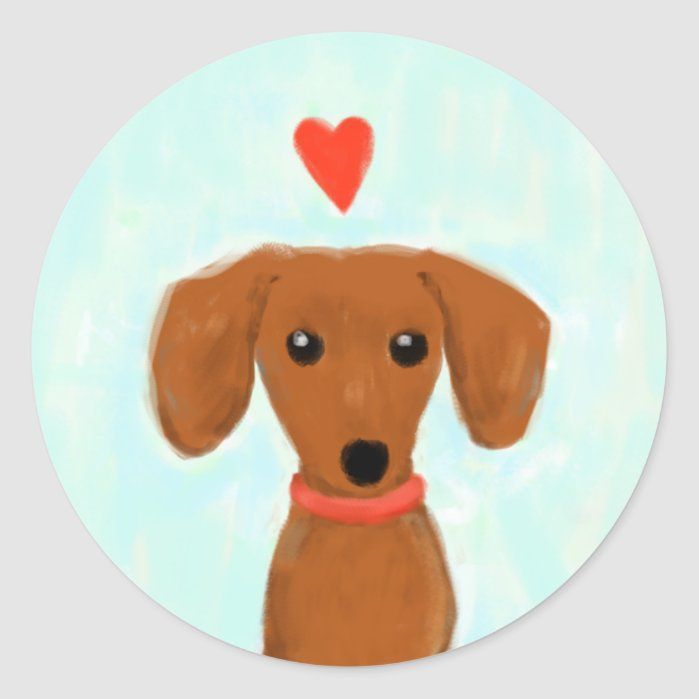 Dachshund Love | Cute Wiener Dog with Heart Classic Round Sticker Arte Dachshund, Dog With Heart, Dachshund Drawing, Dachshund Painting, Dachshund Quotes, Red Dachshund, Personalized Leather Dog Collar, Leather Dog Collar Custom, Luxury Dog Collars