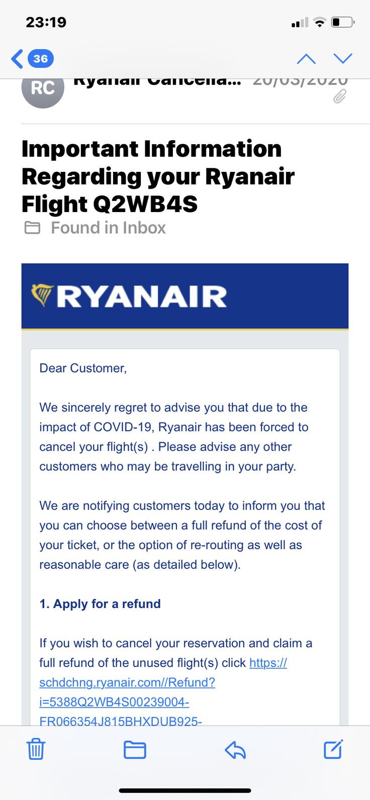 an iphone screen showing the information page for ryanair