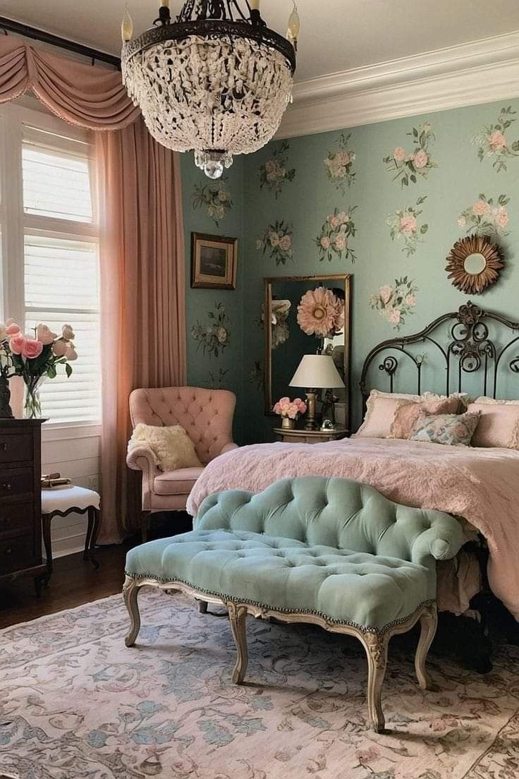 a bed room with a neatly made bed and a chandelier