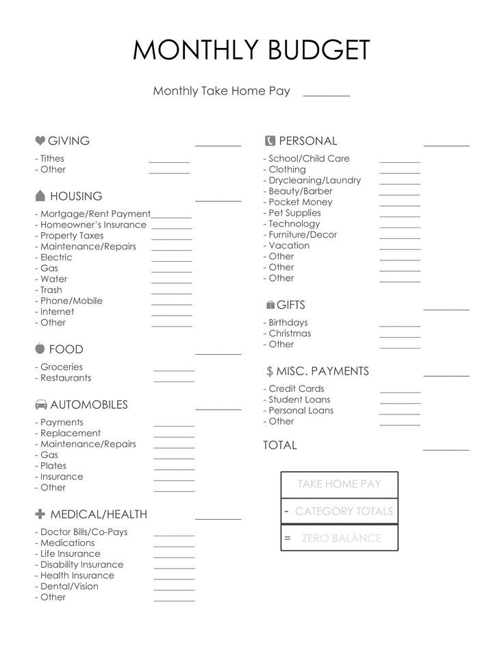 a printable budget sheet with the words, money and household items in black on white