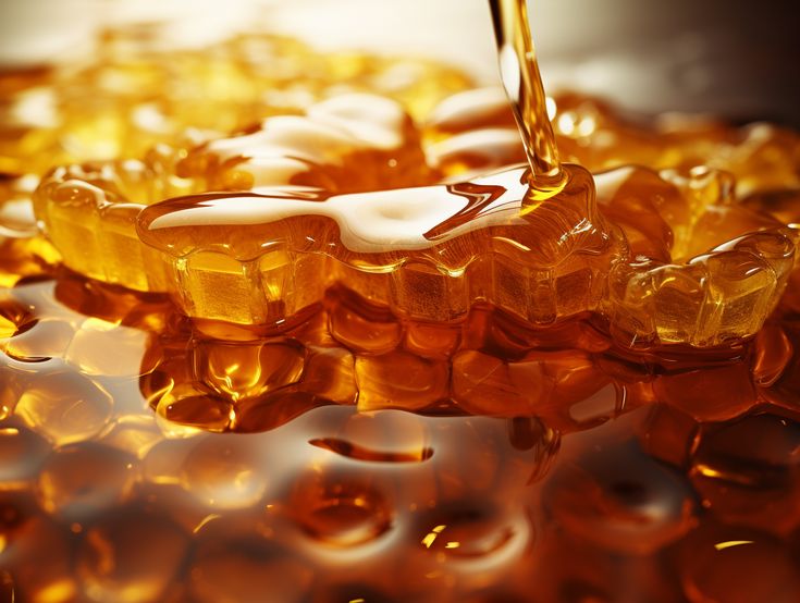 honey syrup being poured on top of some ice cubes in an orange liquid filled bowl