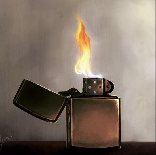 a painting of a lighter with flames coming out of it