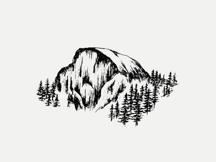 a mountain with trees on the side and a sky in the background, drawn by ink