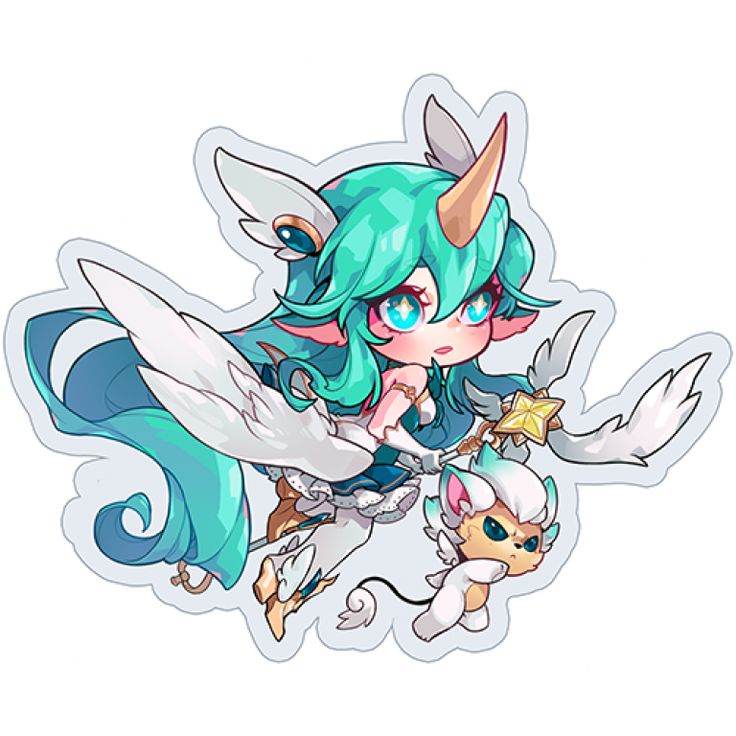 an anime character with blue hair and horns on her head, holding onto a sticker