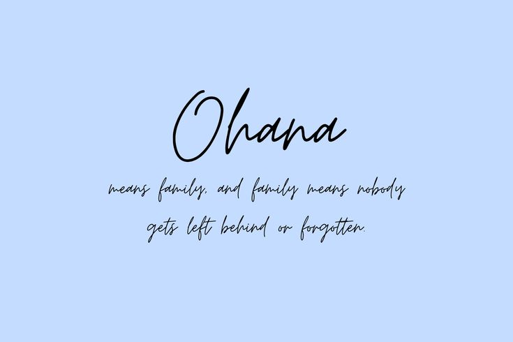 the words, ohana are written in black ink on a blue background with an image of