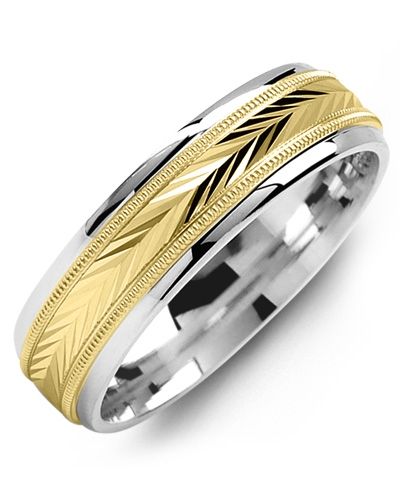 two tone gold and silver wedding band with an intricate design on the inside of it