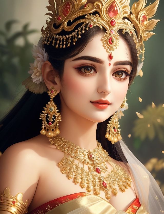 a beautiful woman wearing gold jewelry and a tiara