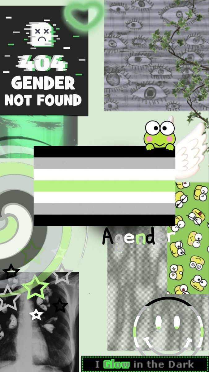 an abstract collage with green and black images, text that reads gender not found