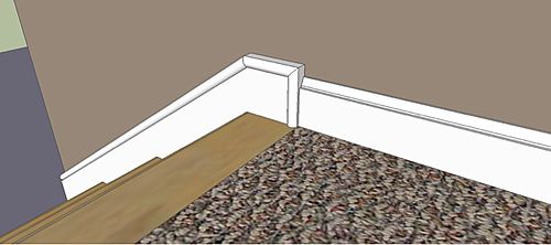 the corner of a room is shown with carpeting on the floor and in between two walls