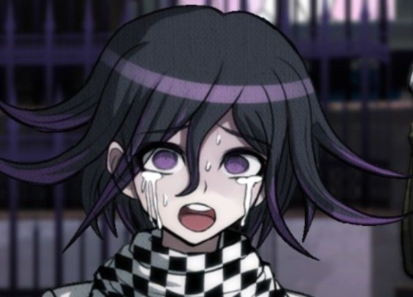 an anime character with long black hair and purple eyes, wearing a checkered outfit