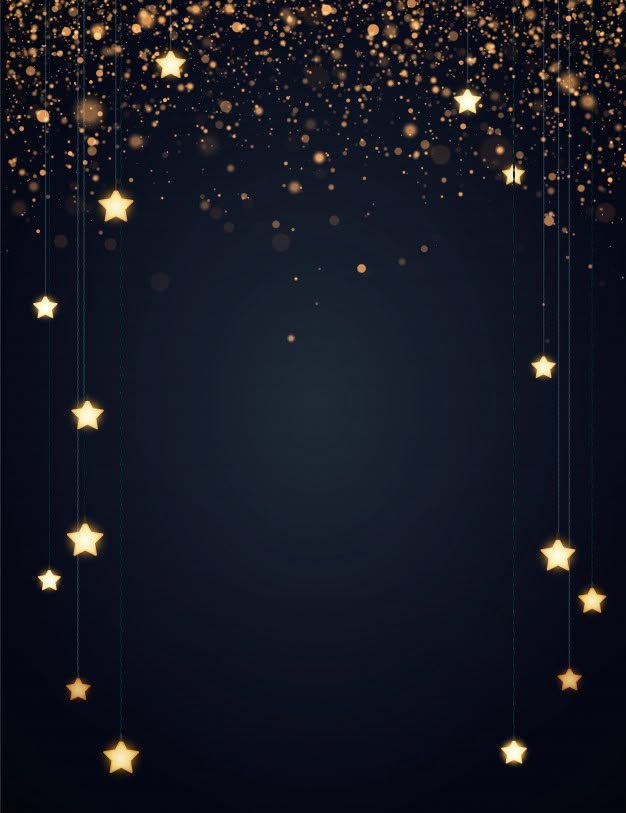 a dark background with gold stars hanging from it