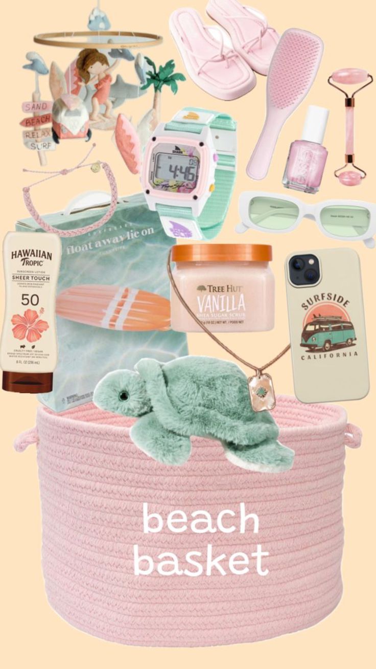 the beach basket is filled with items for girls