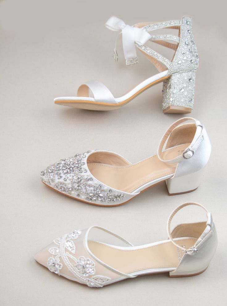 three different types of shoes with bows on the toes and heels in white, silver or ivory