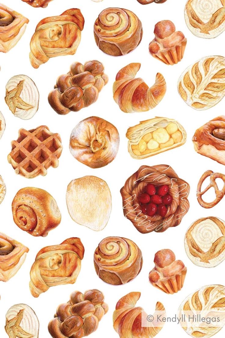 watercolor painting of different types of breads and pastries on a white background