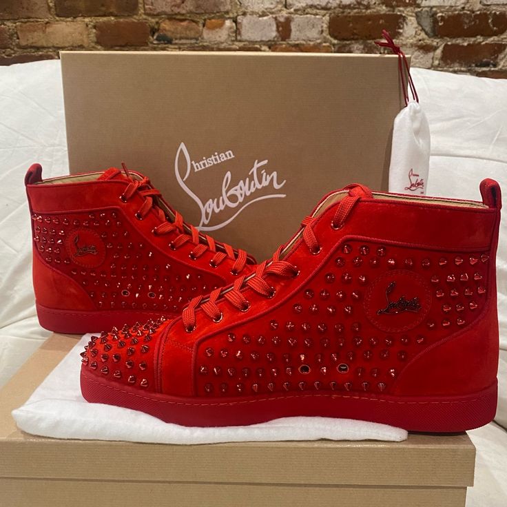 Christian Louboutin Mens Louis Flat Spike Tomate Red Orange High Top Sneaker 46 Brand: Christian Louboutin Size: 46 (Mens Us 13) (Know Your Louboutin Size) Name: Louis Flat Color: Red Loubi/Loubi Mat Style: High Top Sneaker Style#: 1140217 Material: Suede Louis Flat Style Tomate Red Color Spikes Lace Up Tie Front Leather Insole Classic Red Sole Brand New In Box, Comes With Box And Dust Bag 100% Authentic Or Your Money Back Great Gift I Ship Worldwide Please Email Me If You Have Any Questions Red Shoes Men, Valentines Shoes, Red Bandana Shoes, Red Bottoms Sneakers, Christian Louboutin Shoes Mens, Louboutin Shoes Mens, Jordan High Heels, Louboutin Sneakers, Christian Louboutin Sneakers