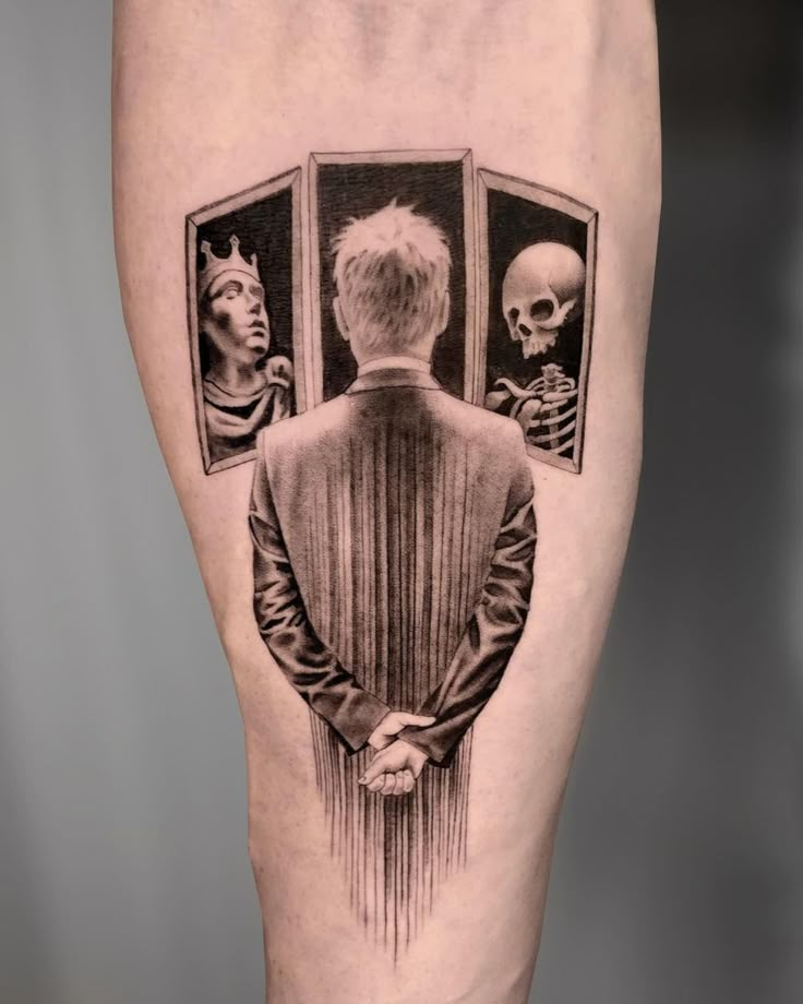 a man's leg with an image of two people in the mirror on it