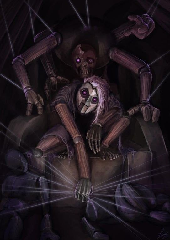 a creepy skeleton sitting in a chair with his head on the back of another skeleton