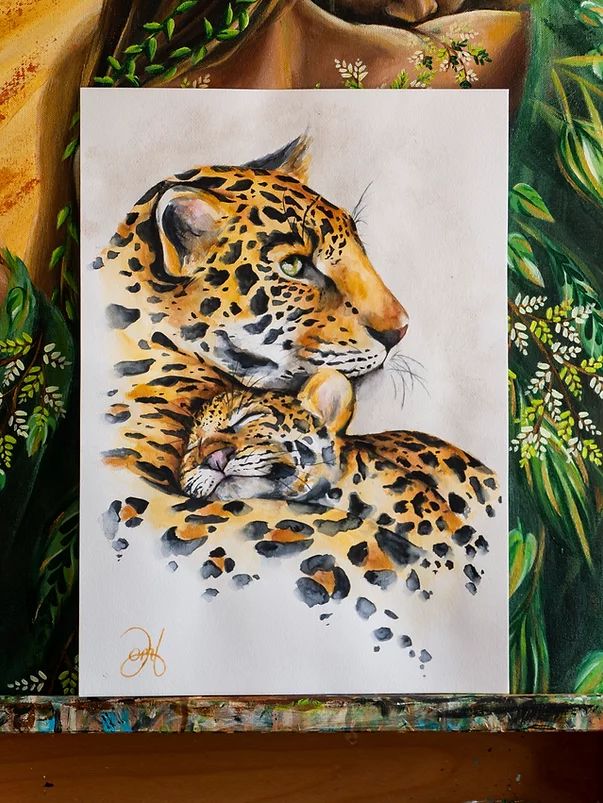 a painting of a mother and baby leopard