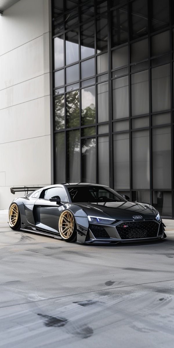 an audi sports car parked in front of a building with gold rims on it