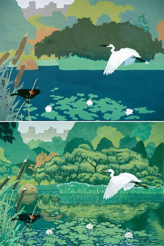 two pictures of birds flying over water and plants in the foreground, one is white