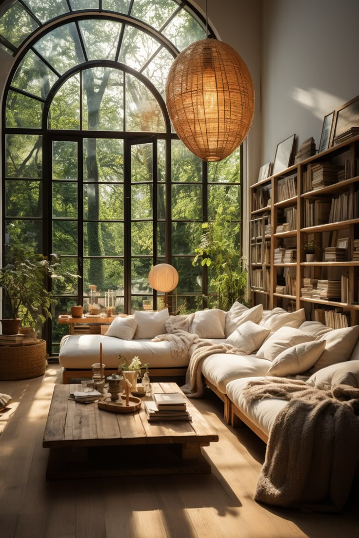 a living room filled with lots of furniture and large windows above the couches in front of them