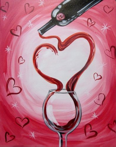 a painting of a wine glass with a bottle in the shape of a heart on it