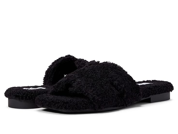 Steve Madden Seek Slipper - Women's Shoes : Black : These cozy and plush Steve Madden Seek Slippers will surely be your go to footwear when you stroll out for walks. Faux fur upper. Faux fur lining. Faux fur insole. Cushion footbed for added comfort. Open toe. Slip-on closure. Textile and synthetic outsole. Imported. Measurements: Weight: 7 oz Product measurements were taken using size 8.5, width M. Please note that measurements may vary by size. Weight of footwear is based on a single item, not Trendy Womens Shoes, Low Heel Flats, Faux Fur Slides, Black Slip On, Hermes Oran, Wood Heel, Heel Slippers, Designer Sandals, Perfect Shoes