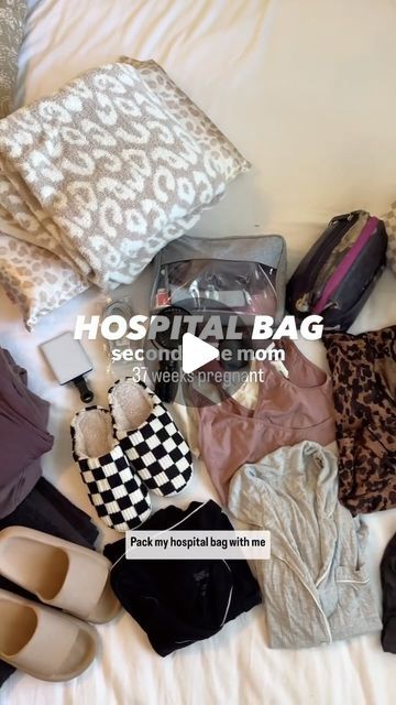 the contents of a hospital bag laid out on a bed with text overlaying it