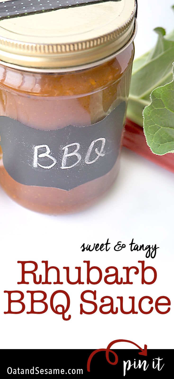 a jar of rhubarb bbq sauce next to a leafy plant