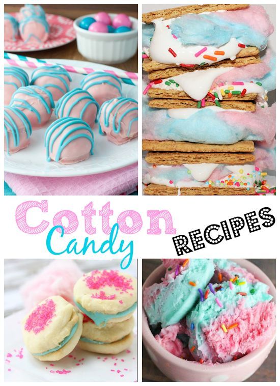 the collage shows different types of cotton candy and desserts, with text overlaying