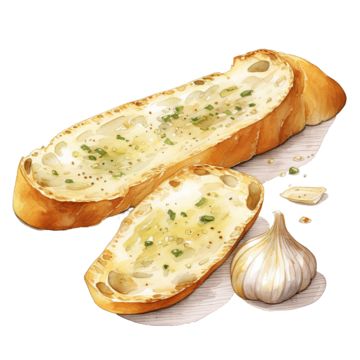 two pieces of bread sitting next to an onion and garlic