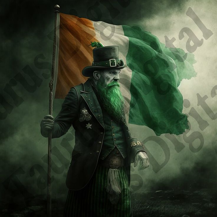 a man with a green beard holding a irish flag and wearing a top hat while standing in front of dark clouds