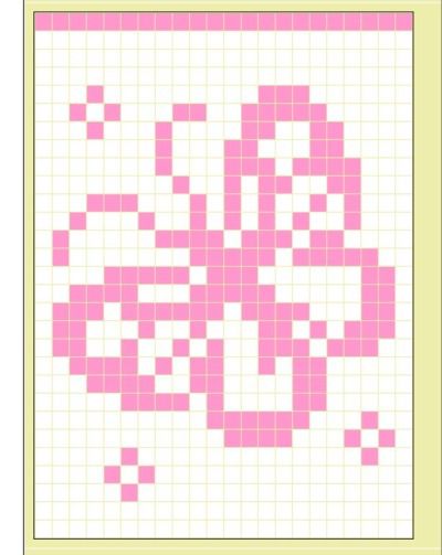 a cross stitch pattern with pink squares on white and light yellow background, in the shape of a flower