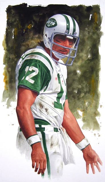 a painting of a football player wearing a green and white uniform with his hand out