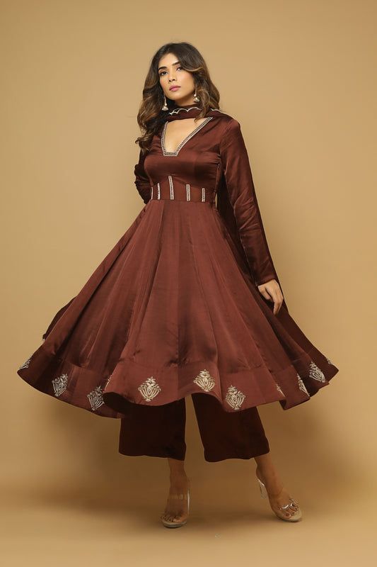 Brown Anarkali, Satin Suit, Anarkali Kurta, Suit Set, Anarkali, Satin, Embroidery