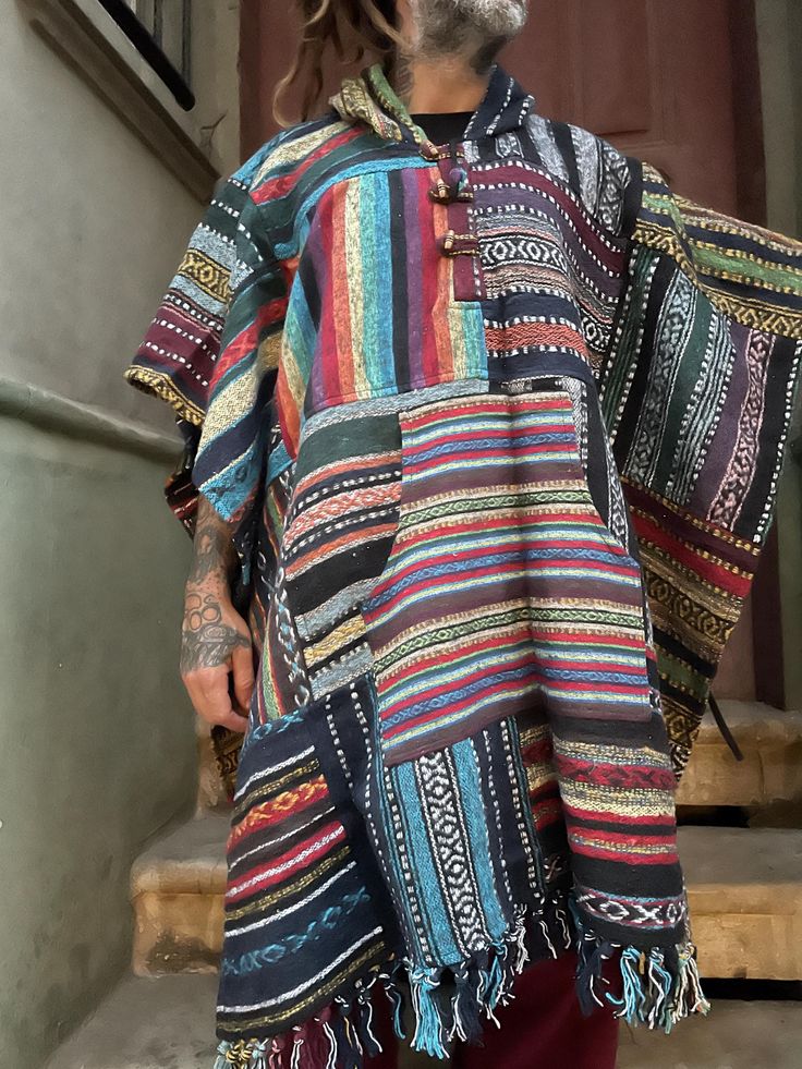 Unisex Boho Poncho, Handmade Poncho, Coat, Gift for Him, Boho Festival Hippy Baja Outdoor Poncho, Hippie Poncho, Mexican Pancho, Western - Etsy Bohemian Long-sleeve Kaftan With Patchwork, Multicolor Long Sleeve Hippie Kaftan, Bohemian Long Sleeve Kaftan With Patchwork, Bohemian Long Sleeve Patchwork Kaftan, Bohemian One Size Kaftan For Festival, Hippie Multicolor Shawl Poncho, Multicolor Hippie Shawl Poncho, Multicolor Shawl Poncho For Festival, Bohemian Tunic For Festivals