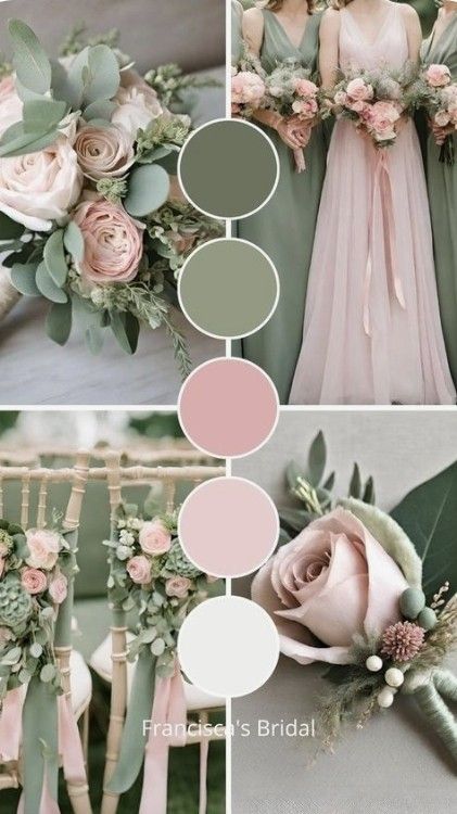 a collage of photos with flowers and greenery on them, including pink roses