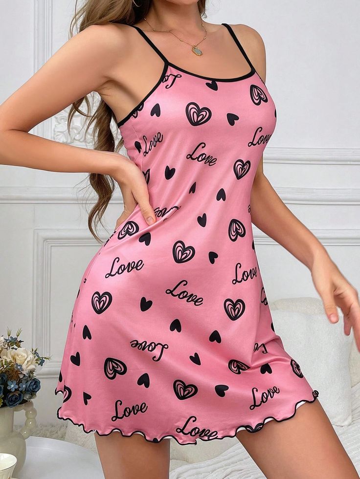 Pink  Collar Sleeveless Knitted Fabric Geometric,Letter Nightgowns Embellished Slight Stretch All Women Sleep & Lounge Heart Letter, Sleepwear Dress, Fabric Heart, Pajama Dress, Rose Bonbon, Prom Dress Inspiration, Women's Nightgowns, Sleep Dress, Pink Collars