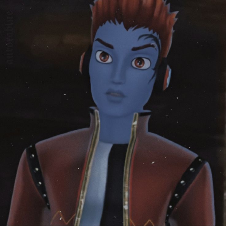 an animated avatar with red hair and blue skin