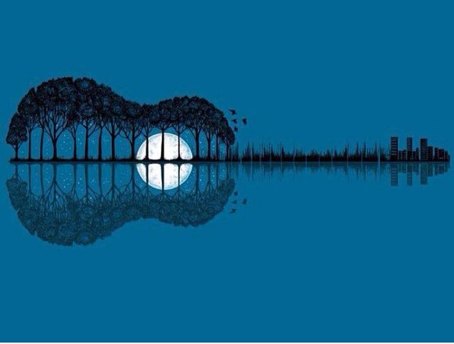 trees are reflected in the water at night with a full moon behind them and blue sky