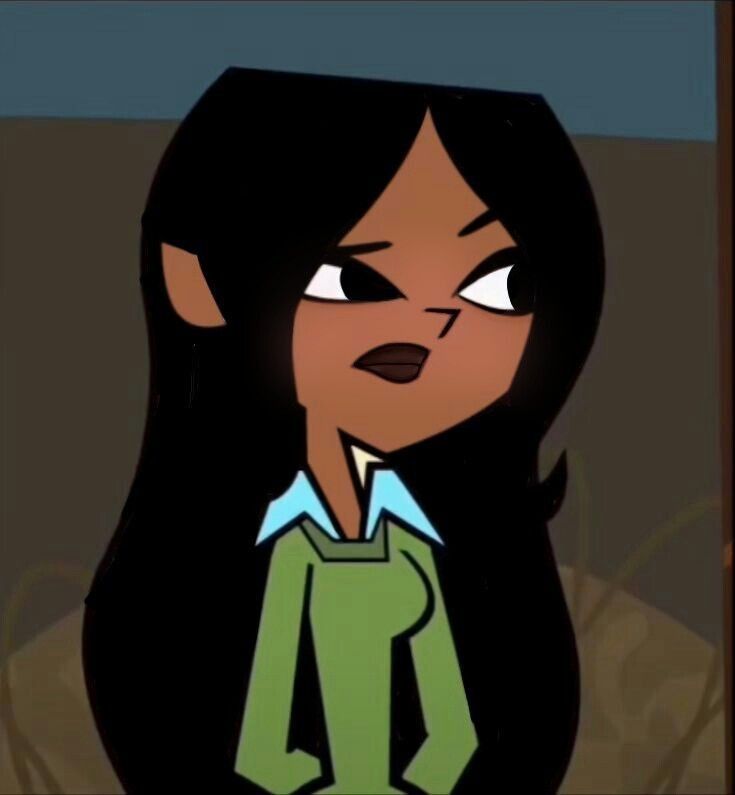 an animated image of a woman with long black hair, wearing a green shirt and blue collar