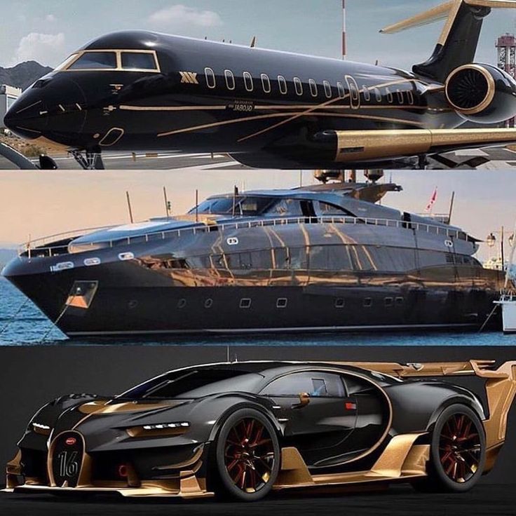 an image of a black and gold car next to a large jet airliner on the water