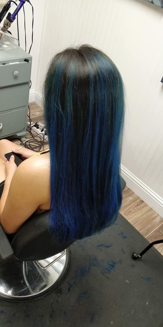 Blue Hair Strikes, Blue Stripes In Hair, Midnight Dark Blue Hair Highlights, Blue Hair Black Highlights, Blue Hair With Highlights Blonde, Electric Blue Highlights In Black Hair, Black Blue Highlights Hair, Black Hair W Blue Highlights, Black Hair Blue Skunk Stripe