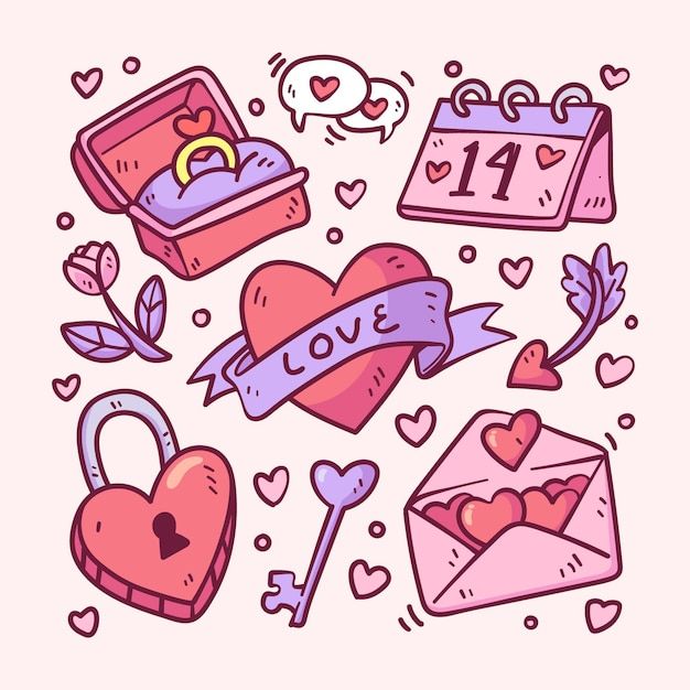 valentine's day doodles with hearts, keys and lock