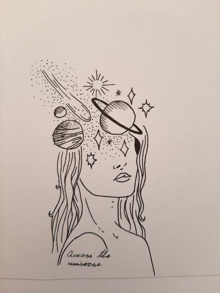 a drawing of a woman with planets on her head