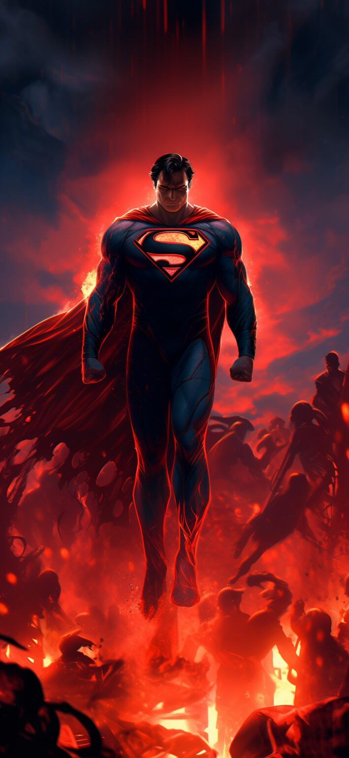 superman in the midst of flames with his cape open and hands on his hips, as if