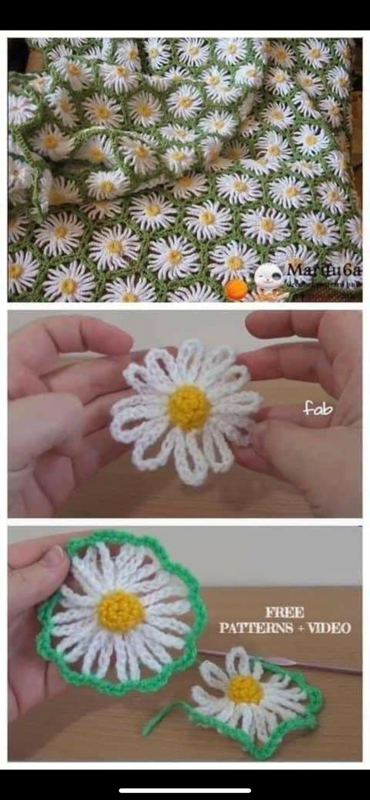 crocheted daisy flowers are shown in three different pictures, one is green and the other is white